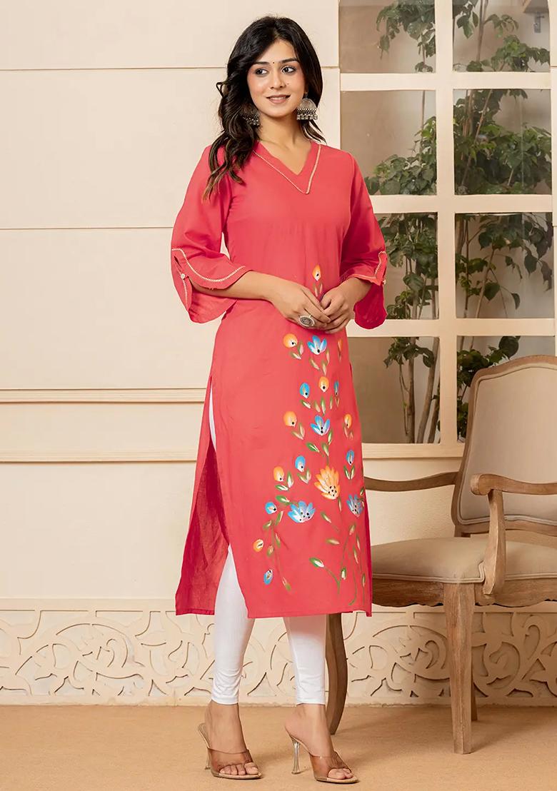 Hot Pink Motif Cotton Kurtas - Indya