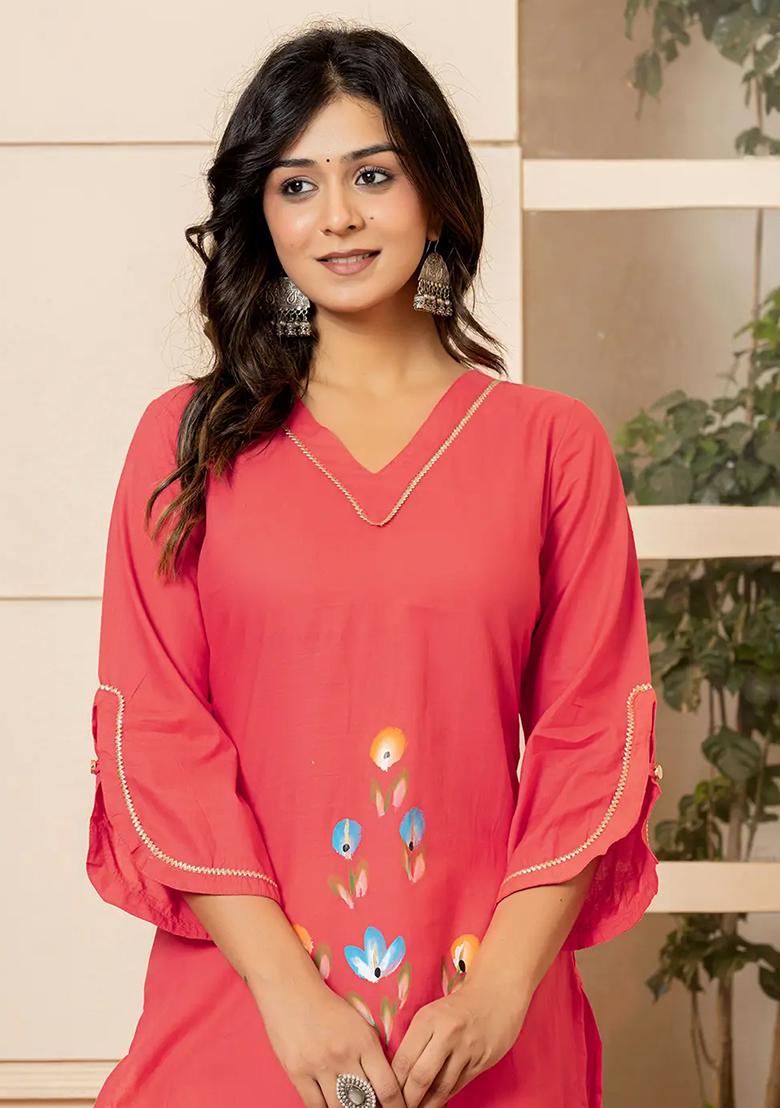 Hot Pink Motif Cotton Kurtas - Indya