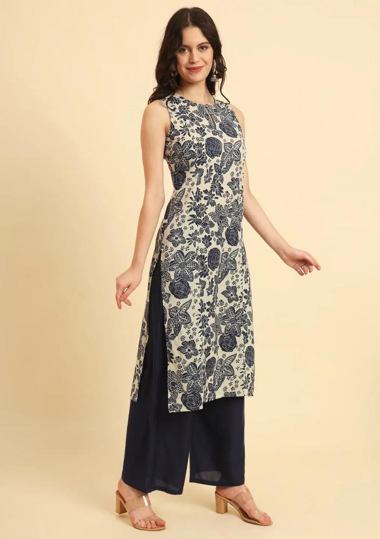 Blue Motif Cotton Kurtas - Indya