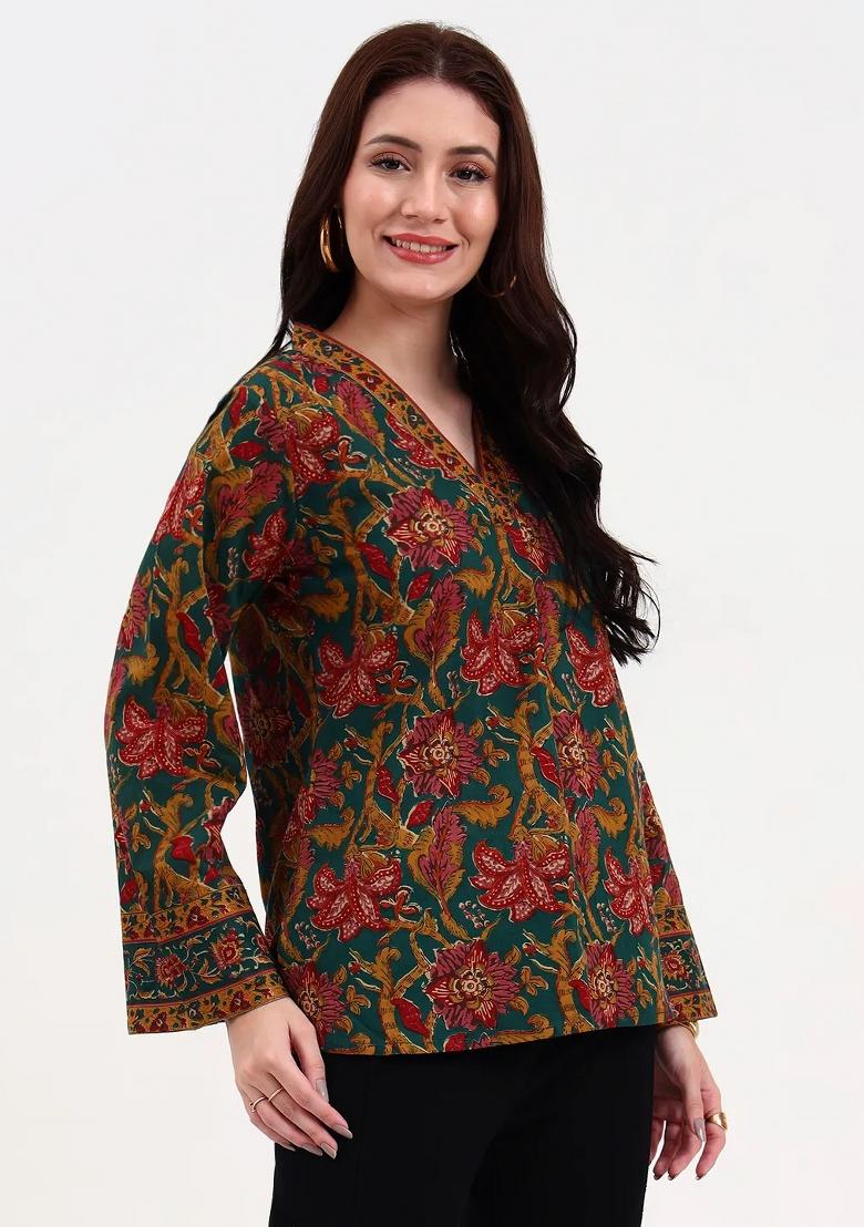 Green Motif Cotton Kurti - Indya