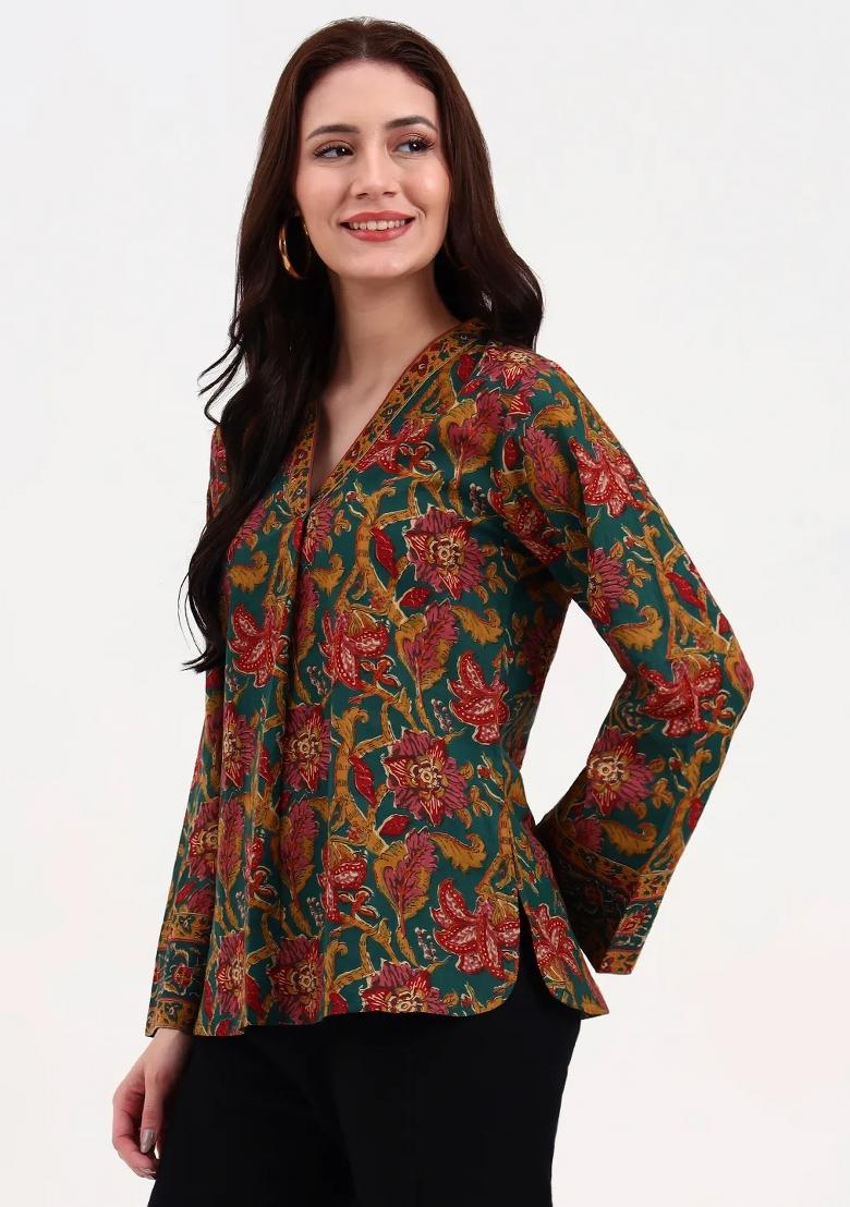 Green Motif Cotton Kurti - Indya