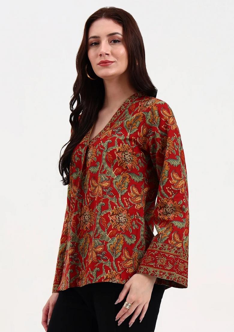 Red Motif Cotton Kurti - Indya