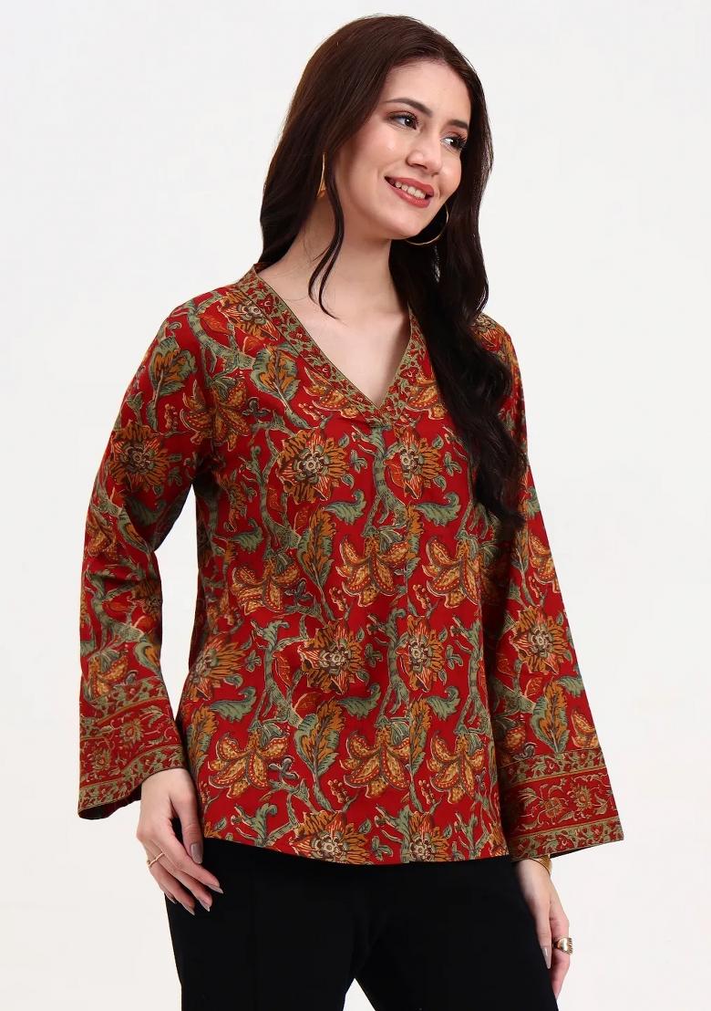 Red Motif Cotton Kurti - Indya