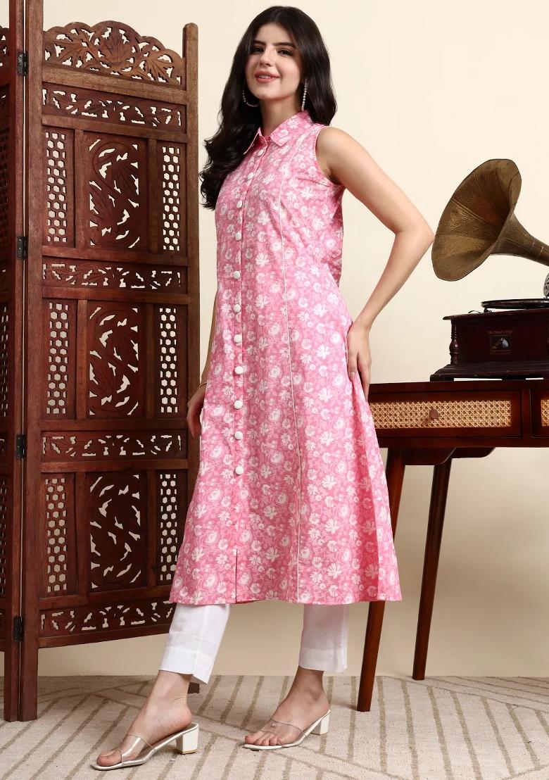 Pink Motif Cotton Kurtas - Indya