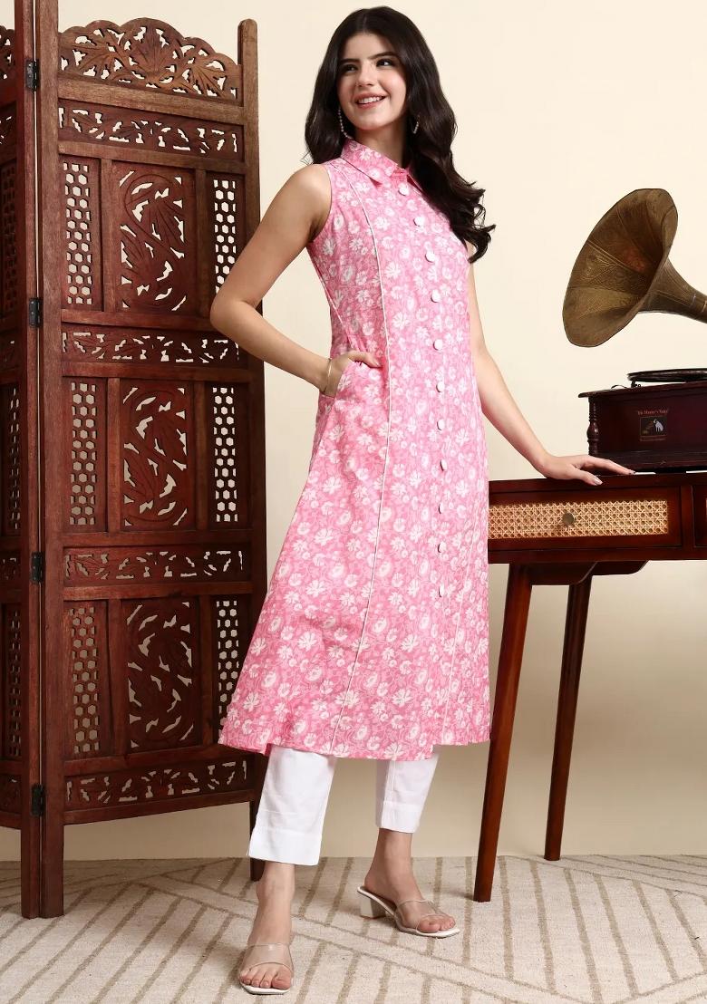 Pink Motif Cotton Kurtas - Indya