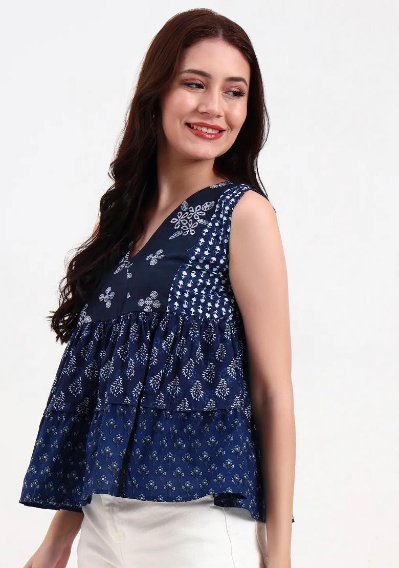 Navy Blue Motif Cotton Kurti - Indya