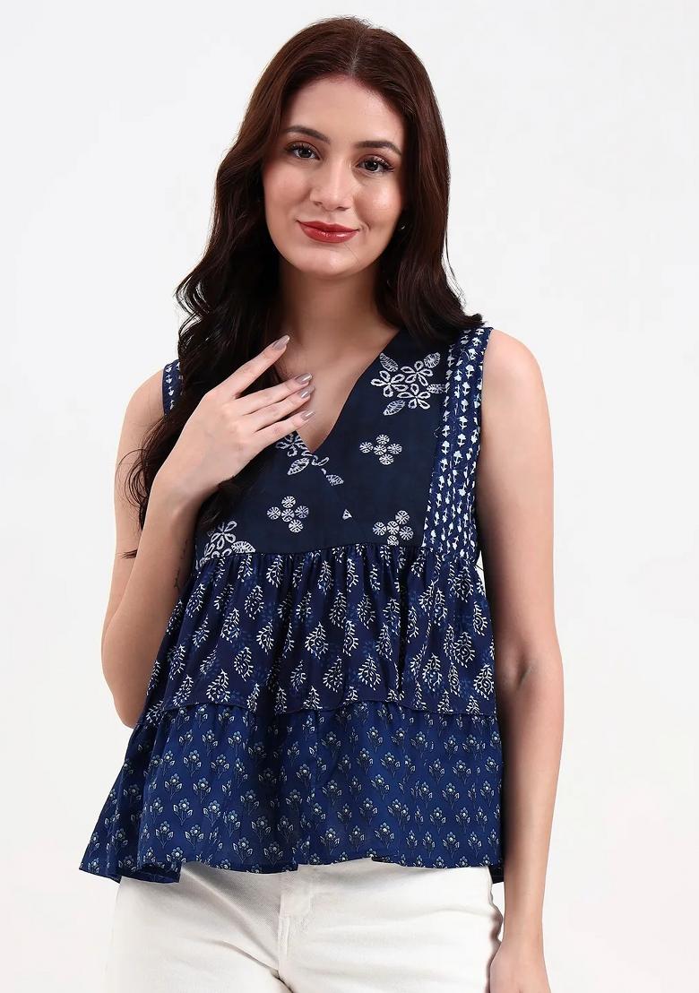 Navy Blue Motif Cotton Kurti - Indya