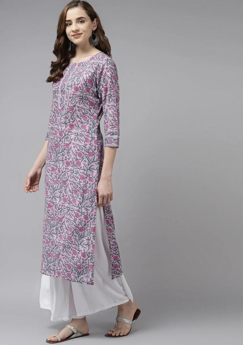 Lavender Printed Cotton Kurtas - Indya