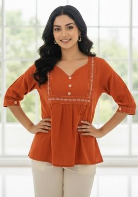 Rust Orange Embroidery Cotton Top