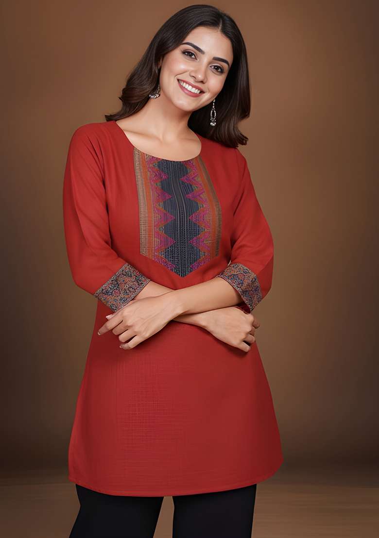 Red Jacquard Less Cotton Top - Indya