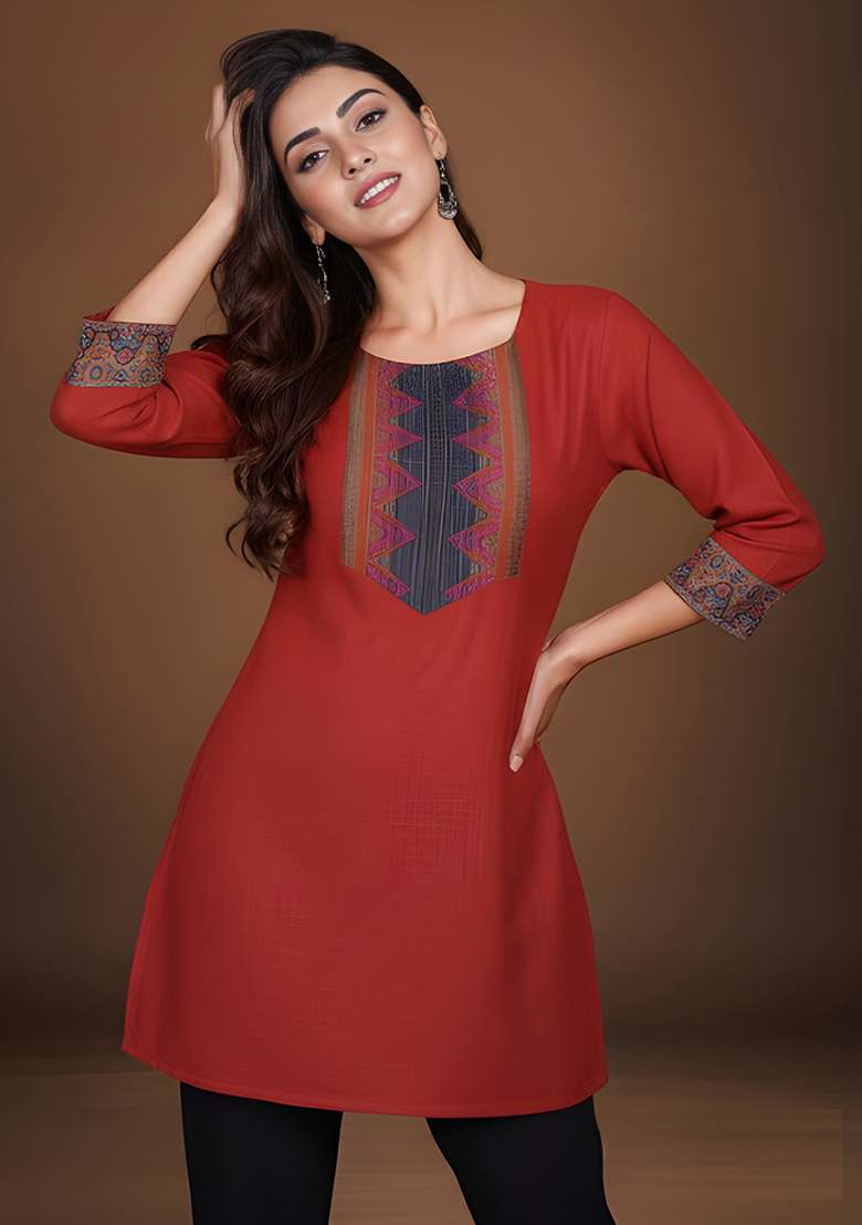 Red Jacquard Less Cotton Top - Indya