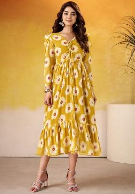 Mustard Floral Print Marbel Kurti