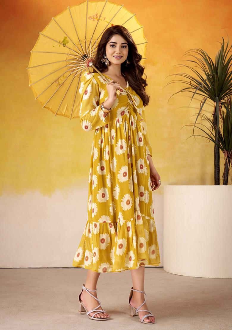 Mustard Floral Print Marbel Kurti - Indya
