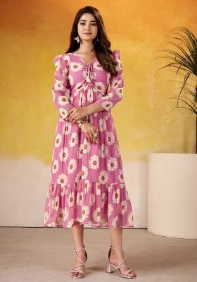 Pink Floral Print Marbel Kurti