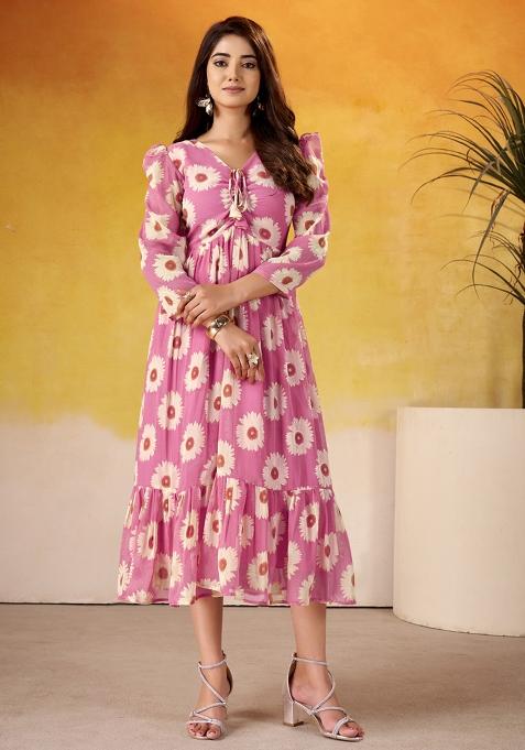 Pink Floral Print Marbel Kurti