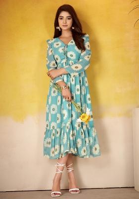 Sky Blue Floral Print Marbel Kurti