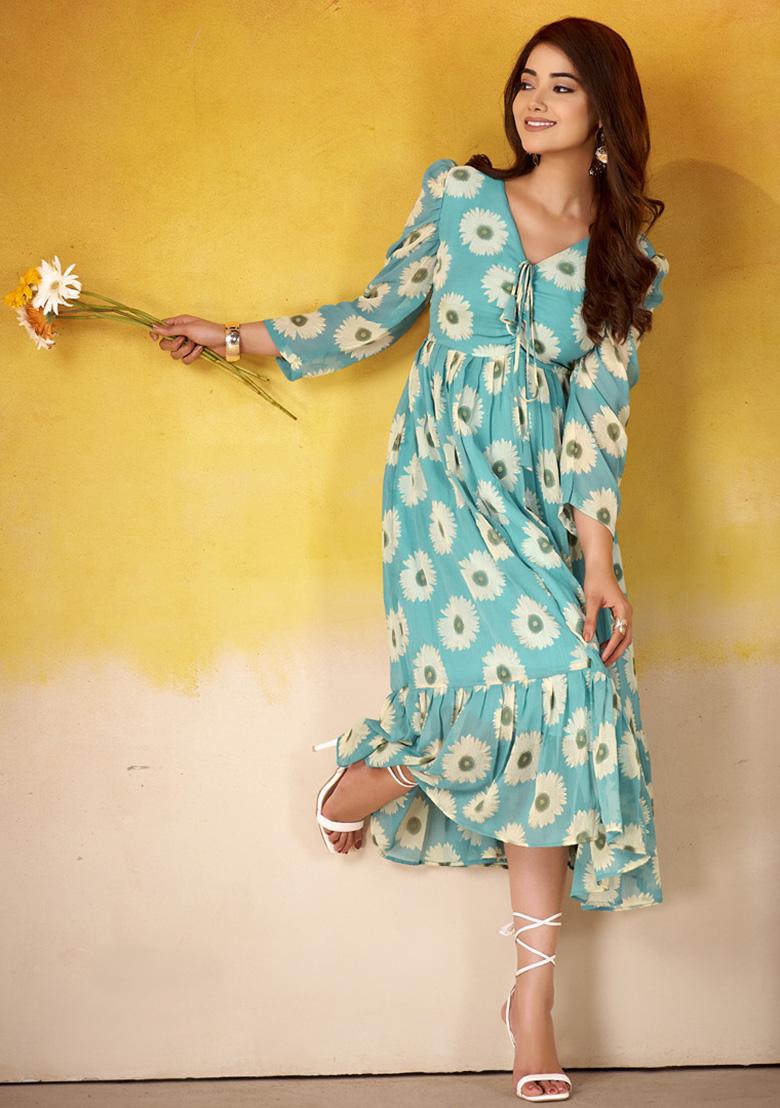 Sky Blue Floral Print Marbel Kurti - Indya