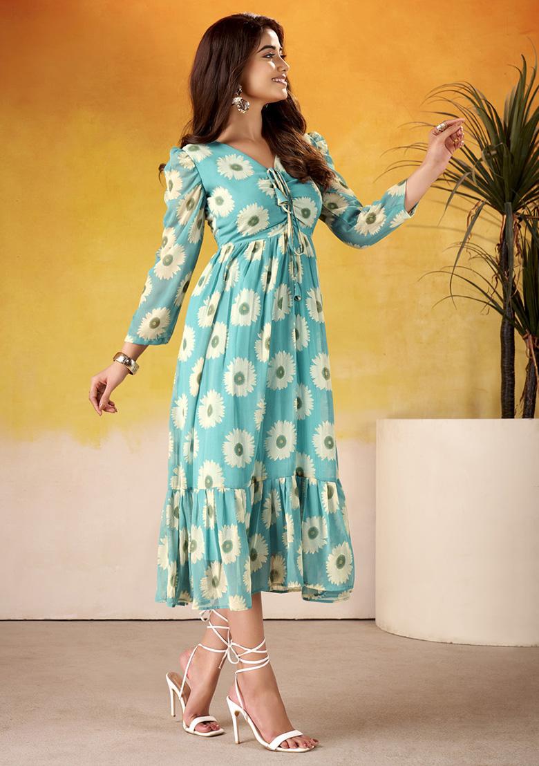 Sky Blue Floral Print Marbel Kurti - Indya