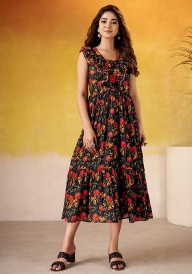 Black Floral Print Silk Kurti
