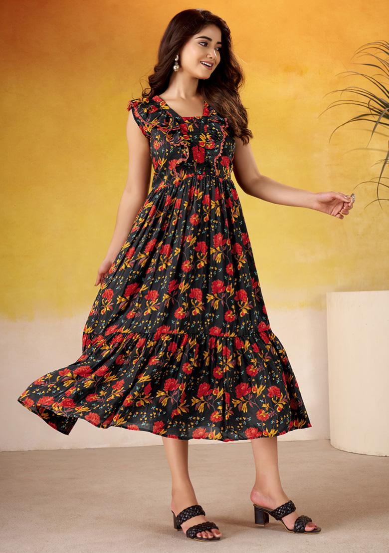 Black Floral Print Silk Kurti - Indya