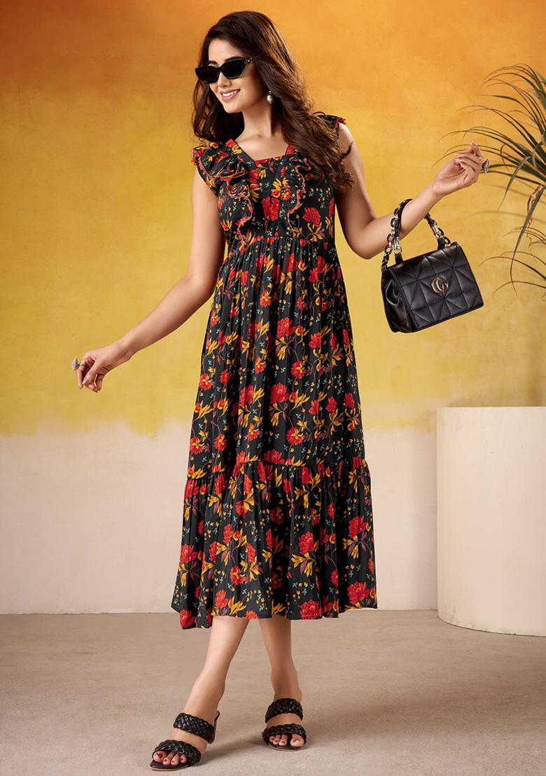 Black Floral Print Silk Kurti - Indya