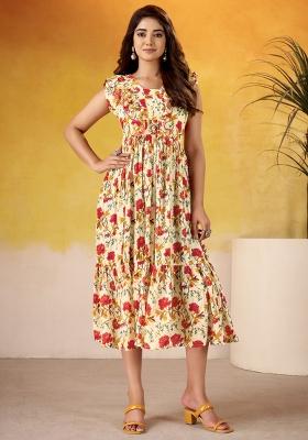 Red Floral Print Silk Kurti