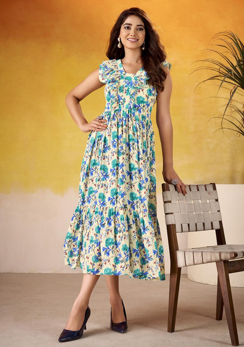 Firoji Floral Print Silk Kurti - Indya