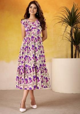 Purple Floral Print Silk Kurti