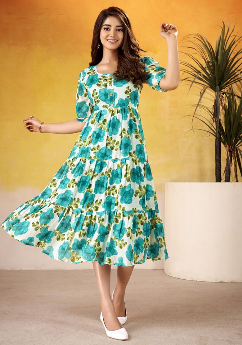 Firoji Floral Print Silk Kurti - Indya