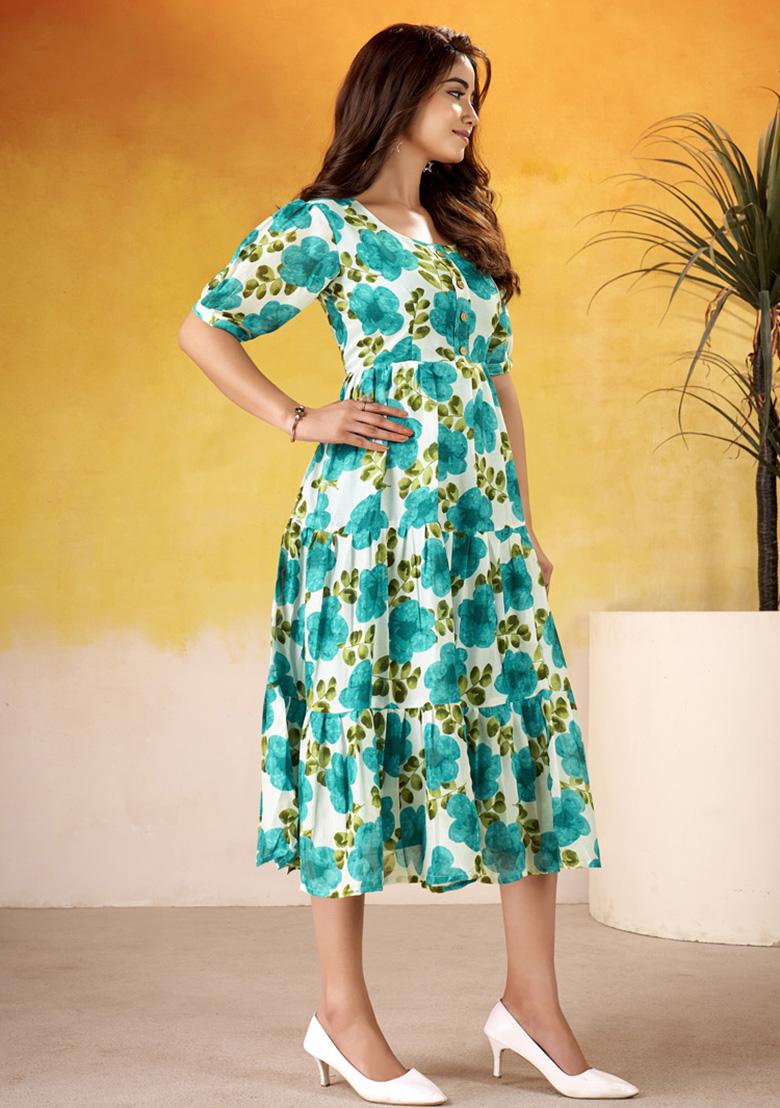 Firoji Floral Print Silk Kurti - Indya