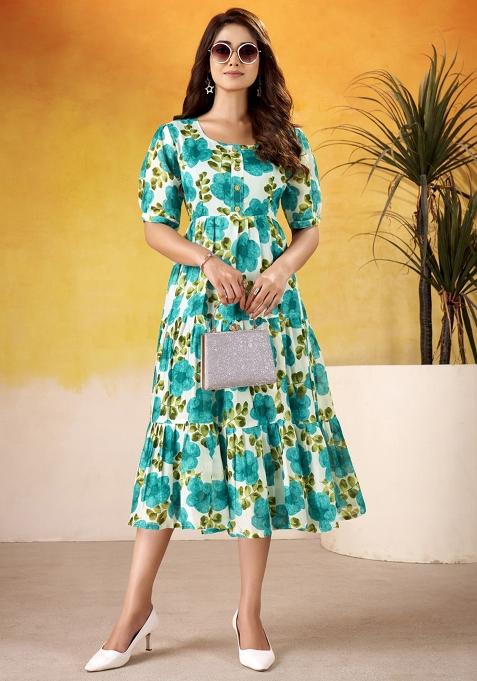 Firoji Floral Print Silk Kurti