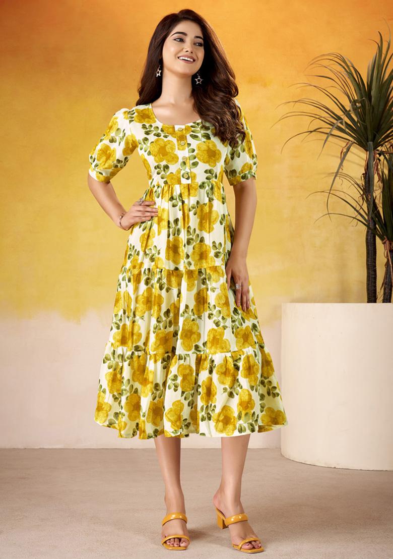 Mustard Floral Print Silk Kurti - Indya