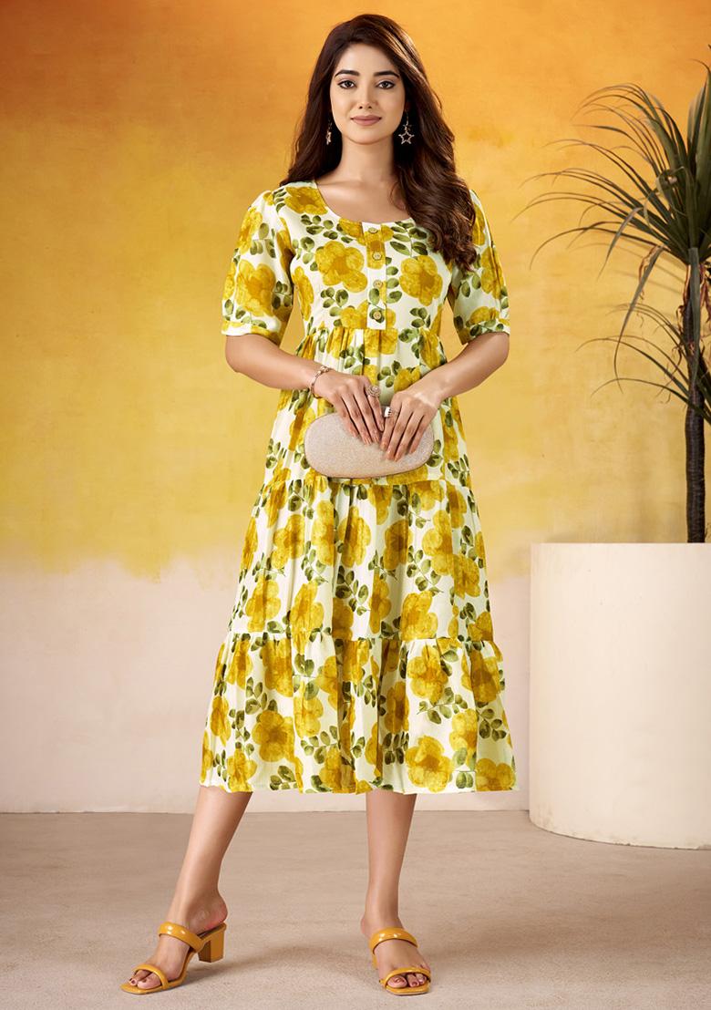 Mustard Floral Print Silk Kurti - Indya