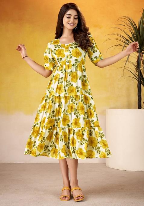 Mustard Floral Print Silk Kurti