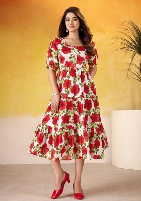 Red Floral Print Silk Kurti