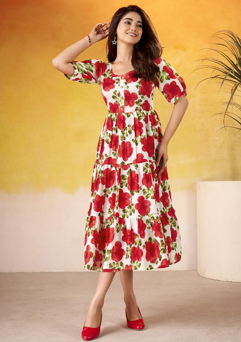 Red Floral Print Silk Kurti - Indya