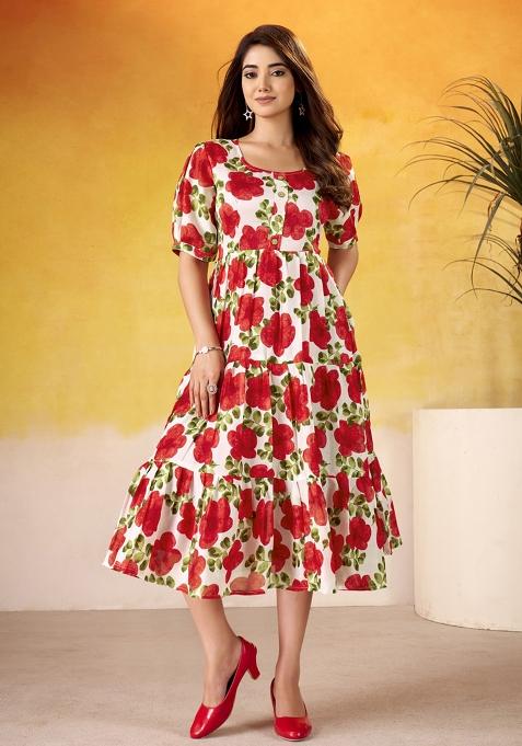 Red Floral Print Silk Kurti