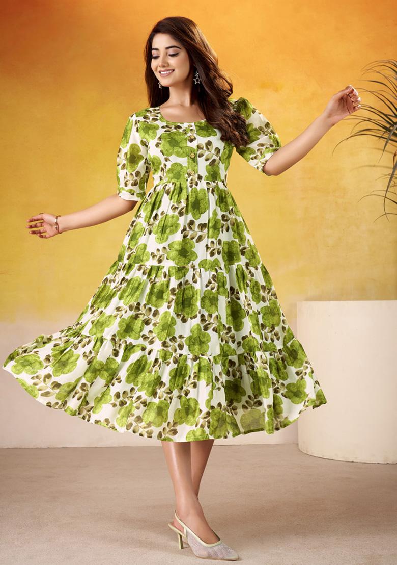 Mehendi Floral Print Silk Kurti - Indya