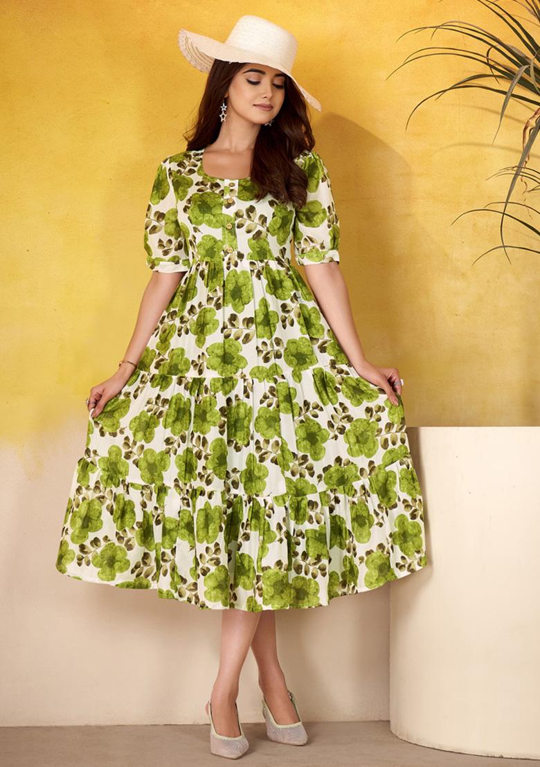 Mehendi Floral Print Silk Kurti - Indya