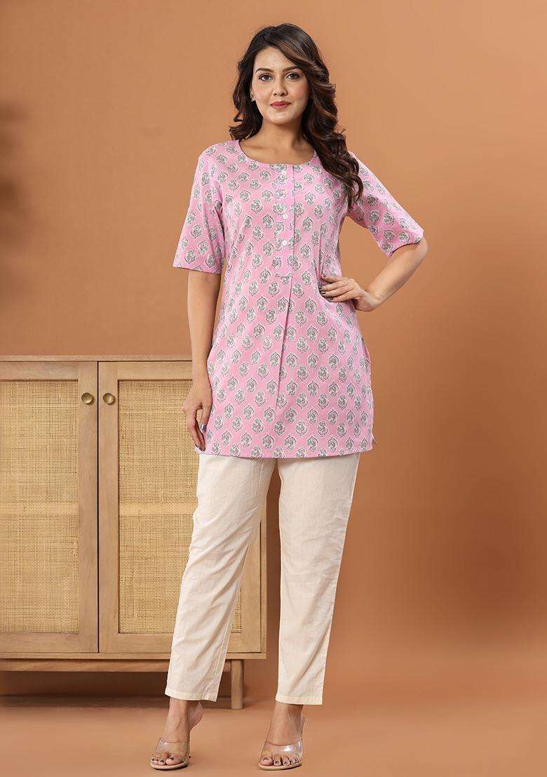 Pink Printed Cotton Tunic - Indya