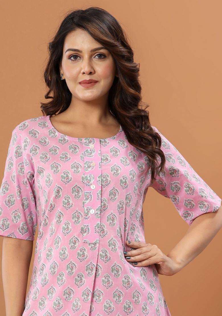 Pink Printed Cotton Tunic - Indya