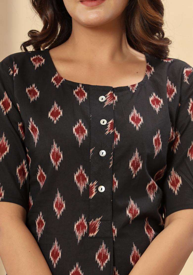 Black Printed Cotton Tunic - Indya