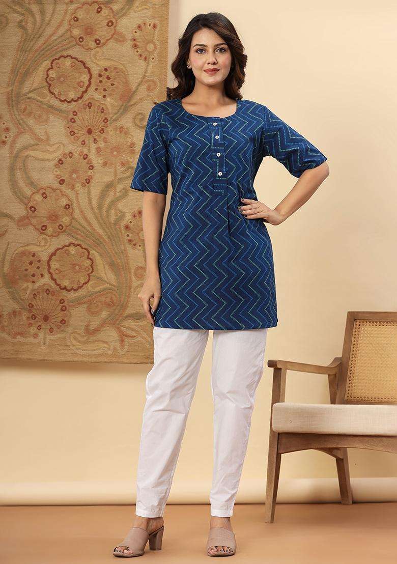 Blue Printed Cotton Tunic - Indya