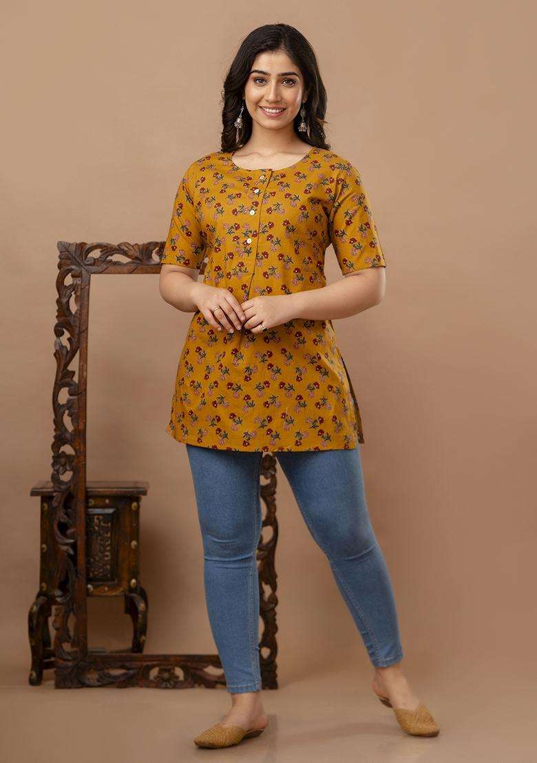 Yellow Printed Cotton Tunic - Indya