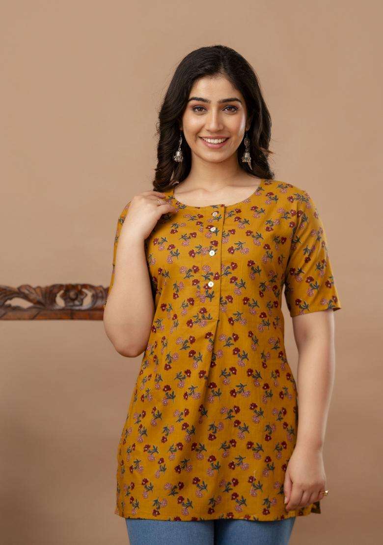 Yellow Printed Cotton Tunic - Indya