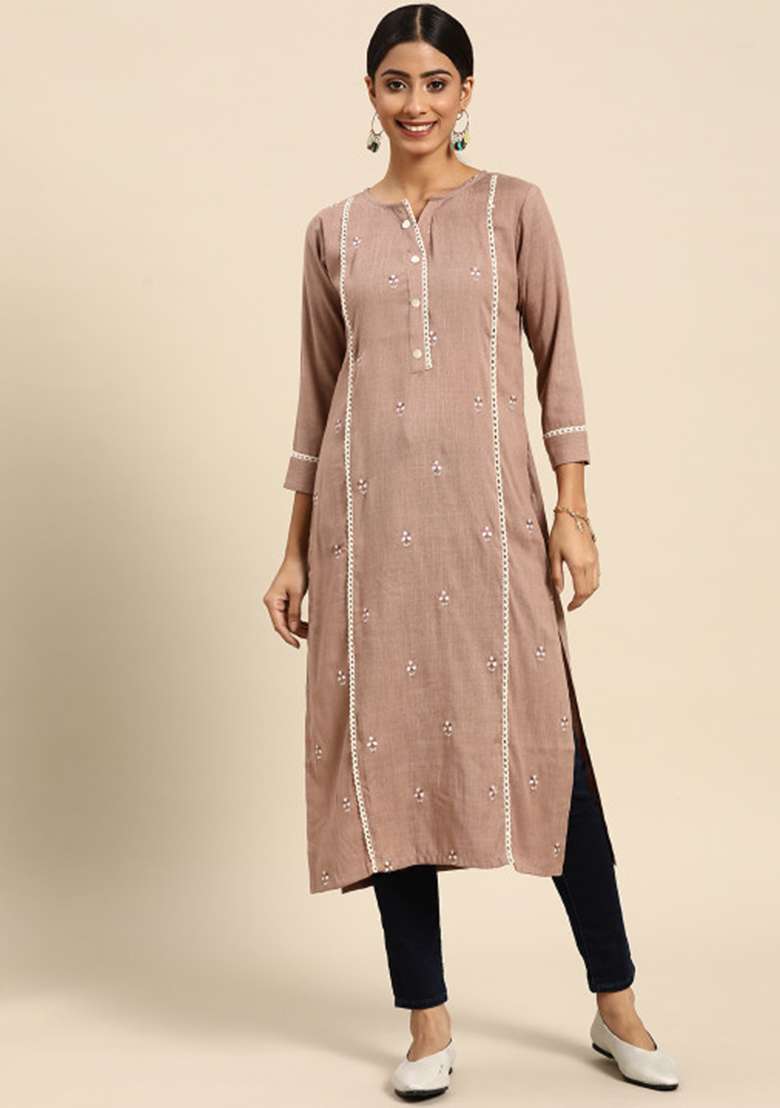 Brown Embroidered Viscose Kurta - Indya