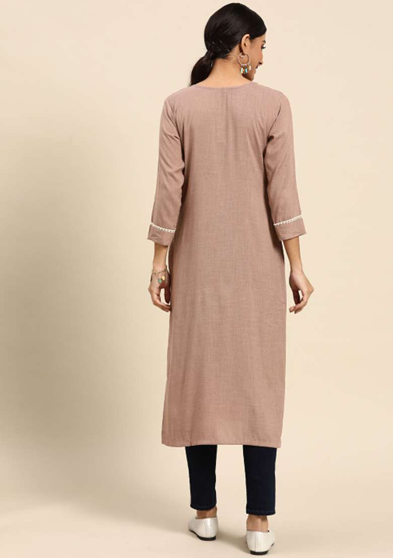 Brown Embroidered Viscose Kurta - Indya