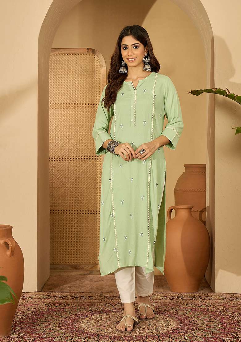 Pista Green Embroidered Viscose Kurta - Indya