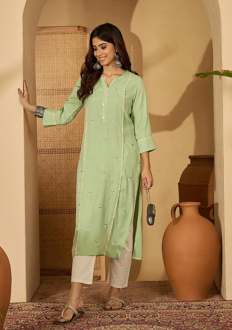Pista Green Embroidery viscose Tunic - Indya