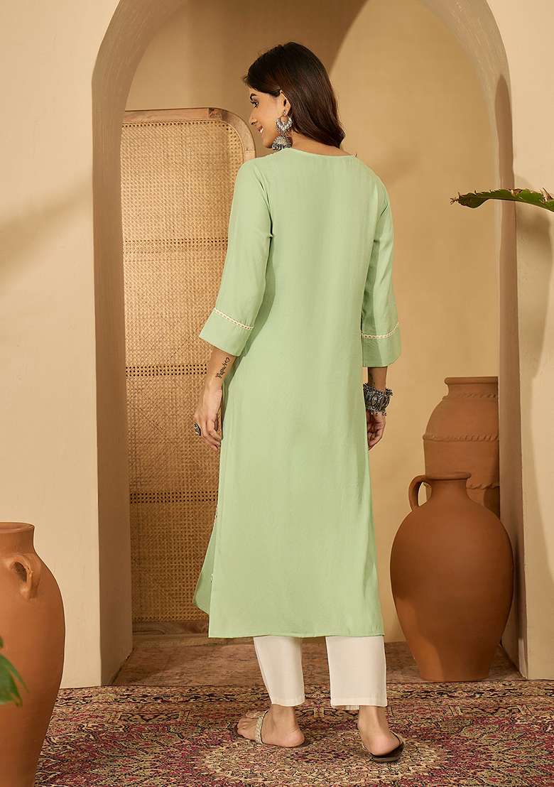 Pista Green Embroidered Viscose Kurta - Indya
